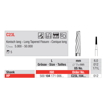 Fraise carbure de tungstène C23L pour finition 5 pcs- Edenta