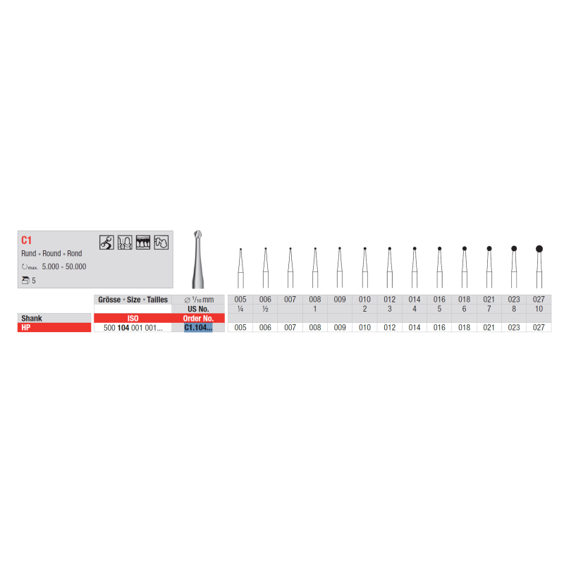 Fraise en boule pour des fissures C1 5 pcs - EDENTA