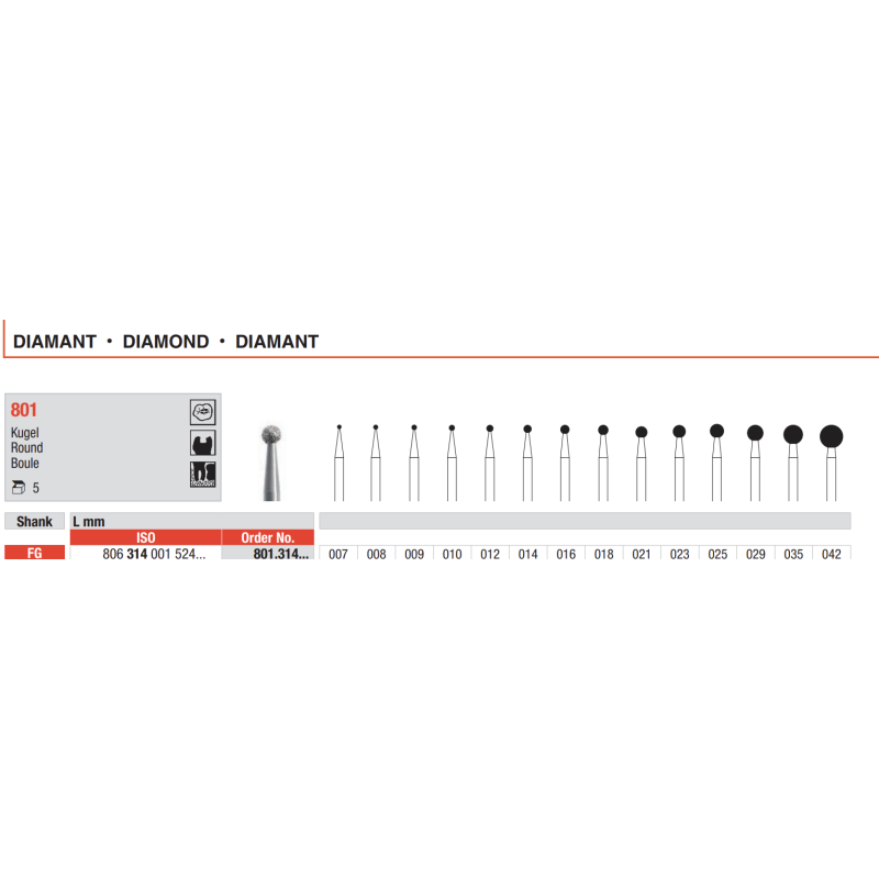 Fraises diamantés FG 801.314 préparation cavitaire 5 pcs - EDENTA