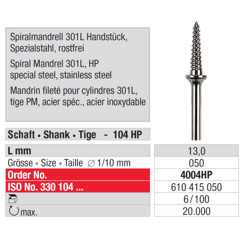 Mandrin spirale 301L 6 pièces - EDENTA