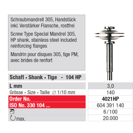 Mandrin pour disques , tige PM, avec brides de renfort - EDENTA