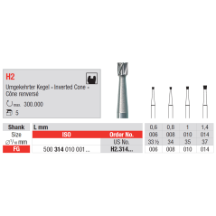 Fraise en carbure de tungstène H2 avec cône reversé 5 pièces FG - EDENTA