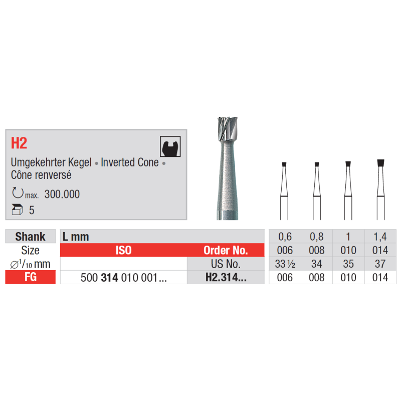 Fraise en carbure de tungstène H2 avec cône reversé 5 pièces FG - EDENTA Fraise en carbure de tungstène H2 avec cône reversé 5 pièces FG - EDENTA