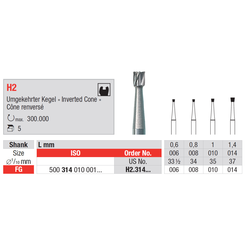 Fraise en carbure de tungstène H2 avec cône reversé 5 pièces FG - EDENTA