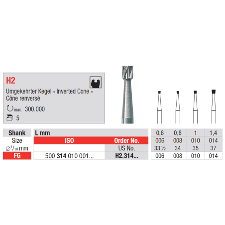 Fraise en carbure de tungstène H2 avec cône reversé 5 pièces FG - EDENTA