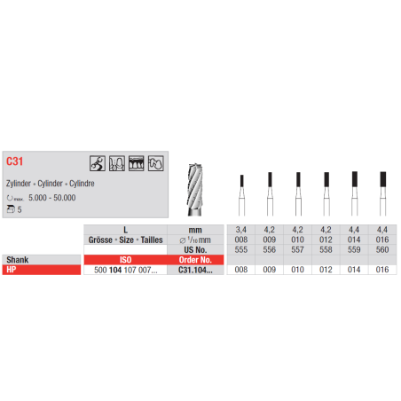 Fraise en carbure de tungstène pour des fissures / finition 5 pcs - EDENTA