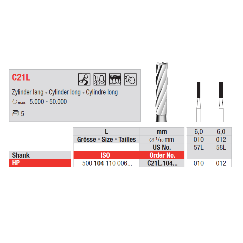Fraise en carbure de tungstène C21L pour finition / fissures 5 pièces - EDENTA