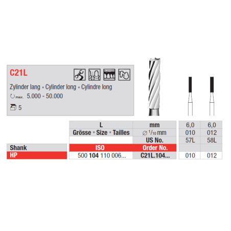 Fraise en carbure de tungstène C21L pour finition / fissures 5 pièces - EDENTA