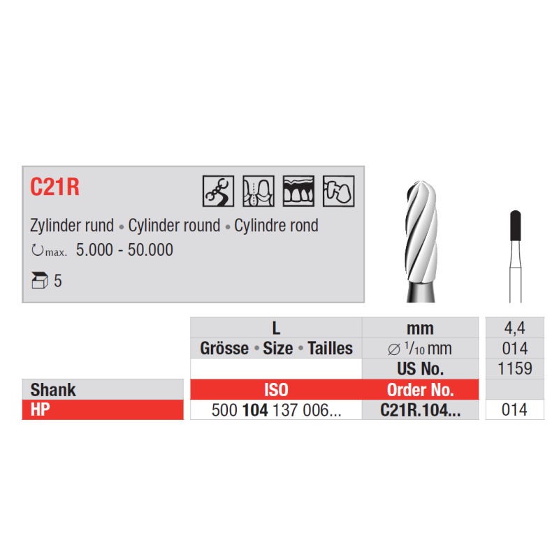 Fraise en carbure de tungstène C21R pour finition 5 pièces - EDENTA