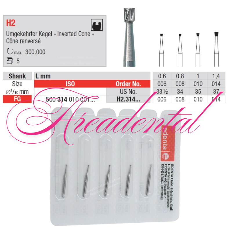 Fraise en carbure de tungstène H2 avec cône reversé 5 pièces FG - EDENTA